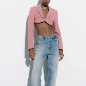 NWT-Zara Blush Pink Wrap-Around Corset-Style Long Sleeve Cropped Blazer Medium